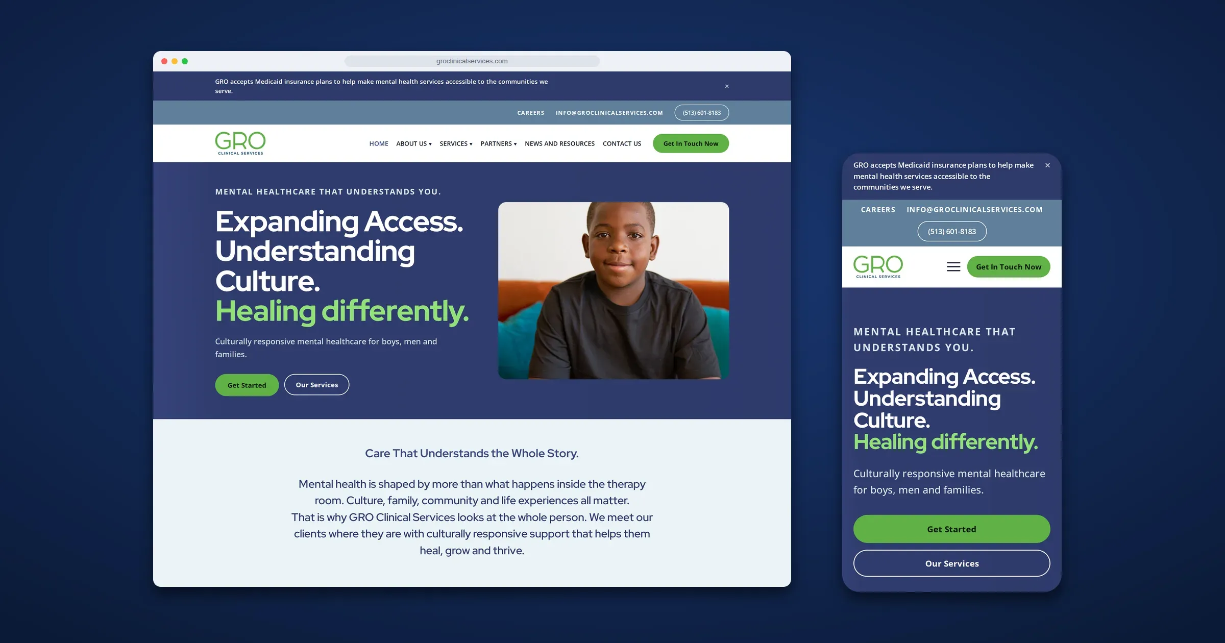 GRO Clinical Services website on desktop and mobile: culturally responsive mental healthcare for boys, men and families