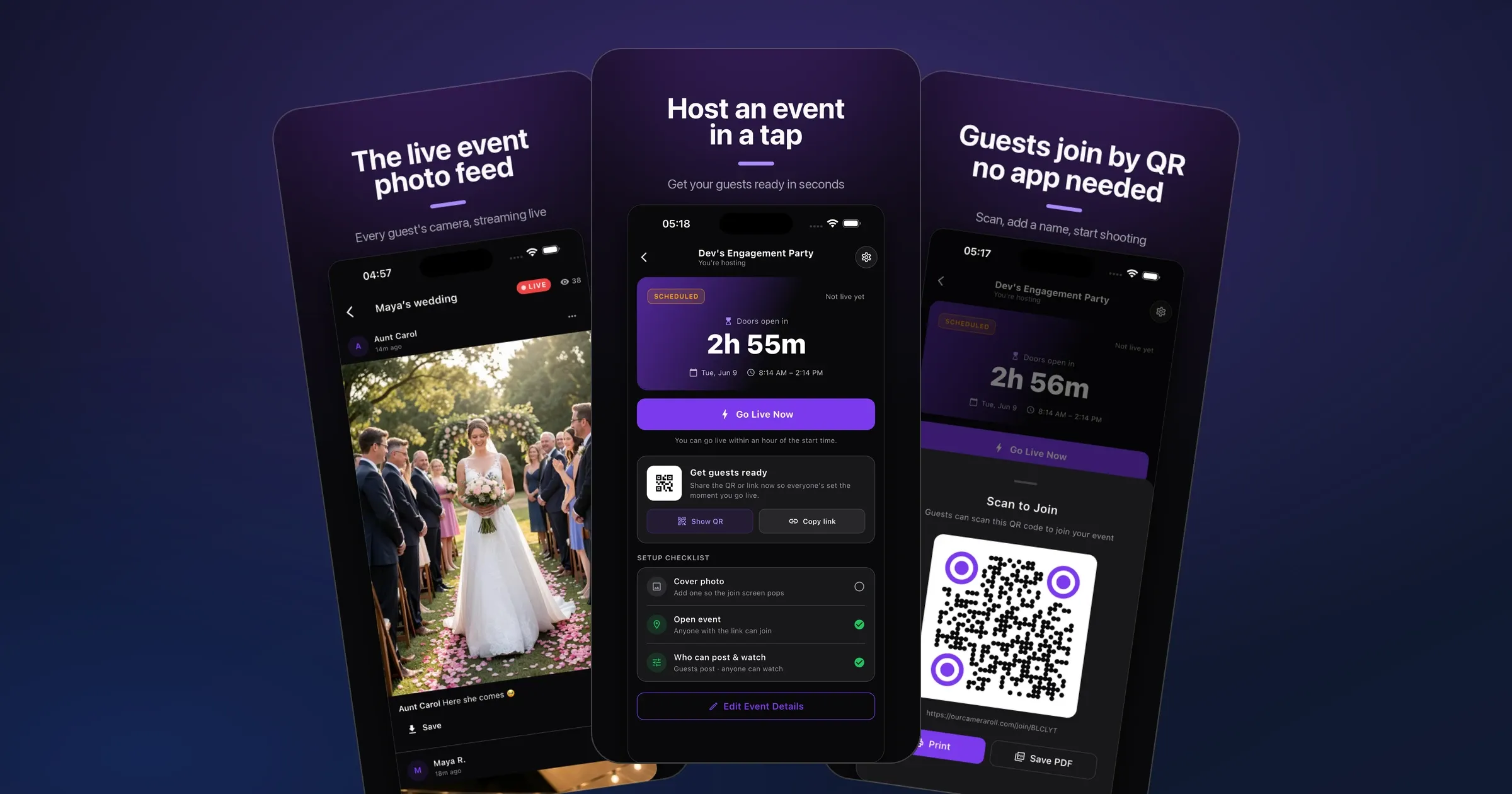 OurCameraRoll, live event feed app screens