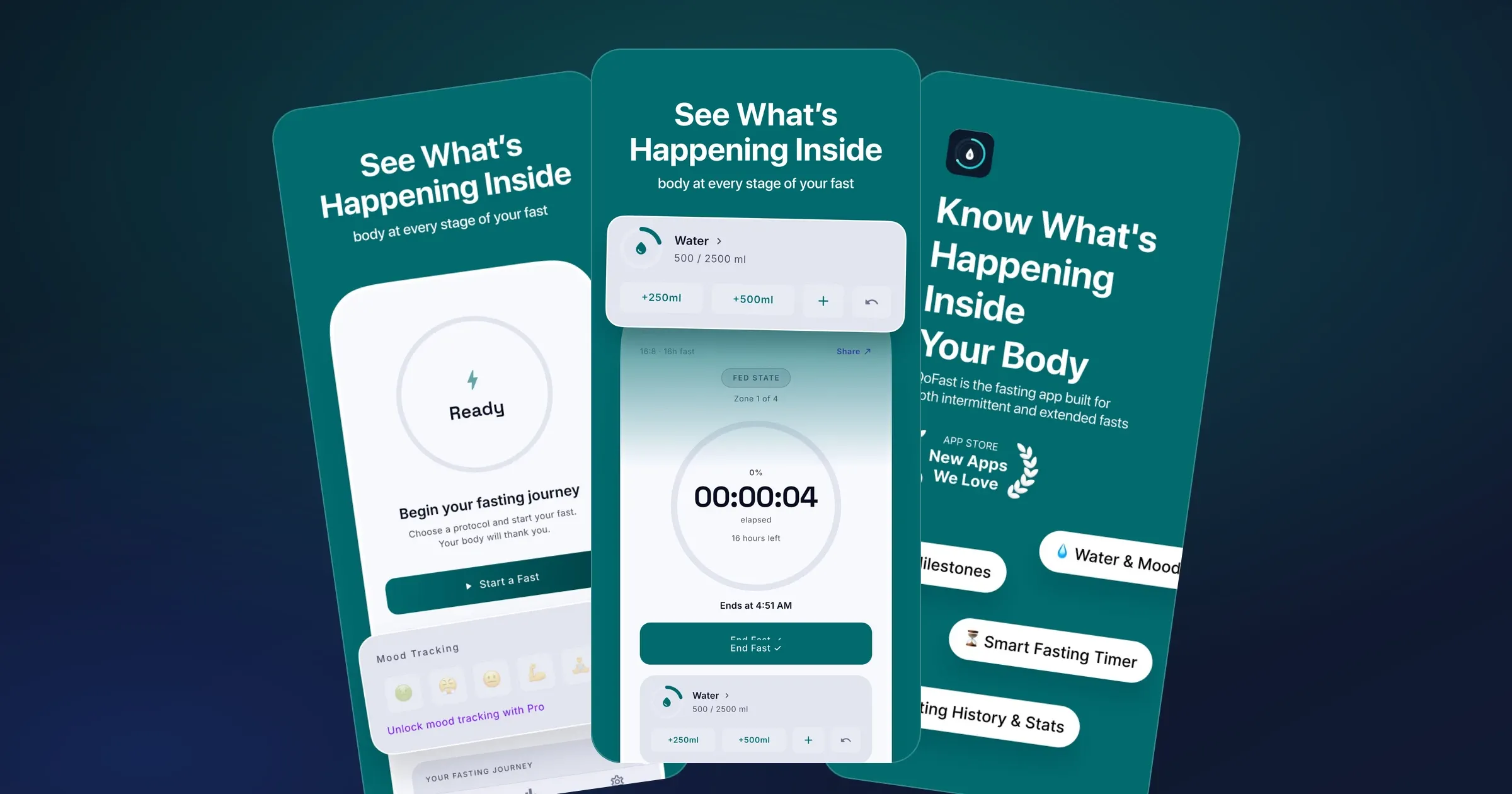 QoFast, fasting timer and milestones app screens
