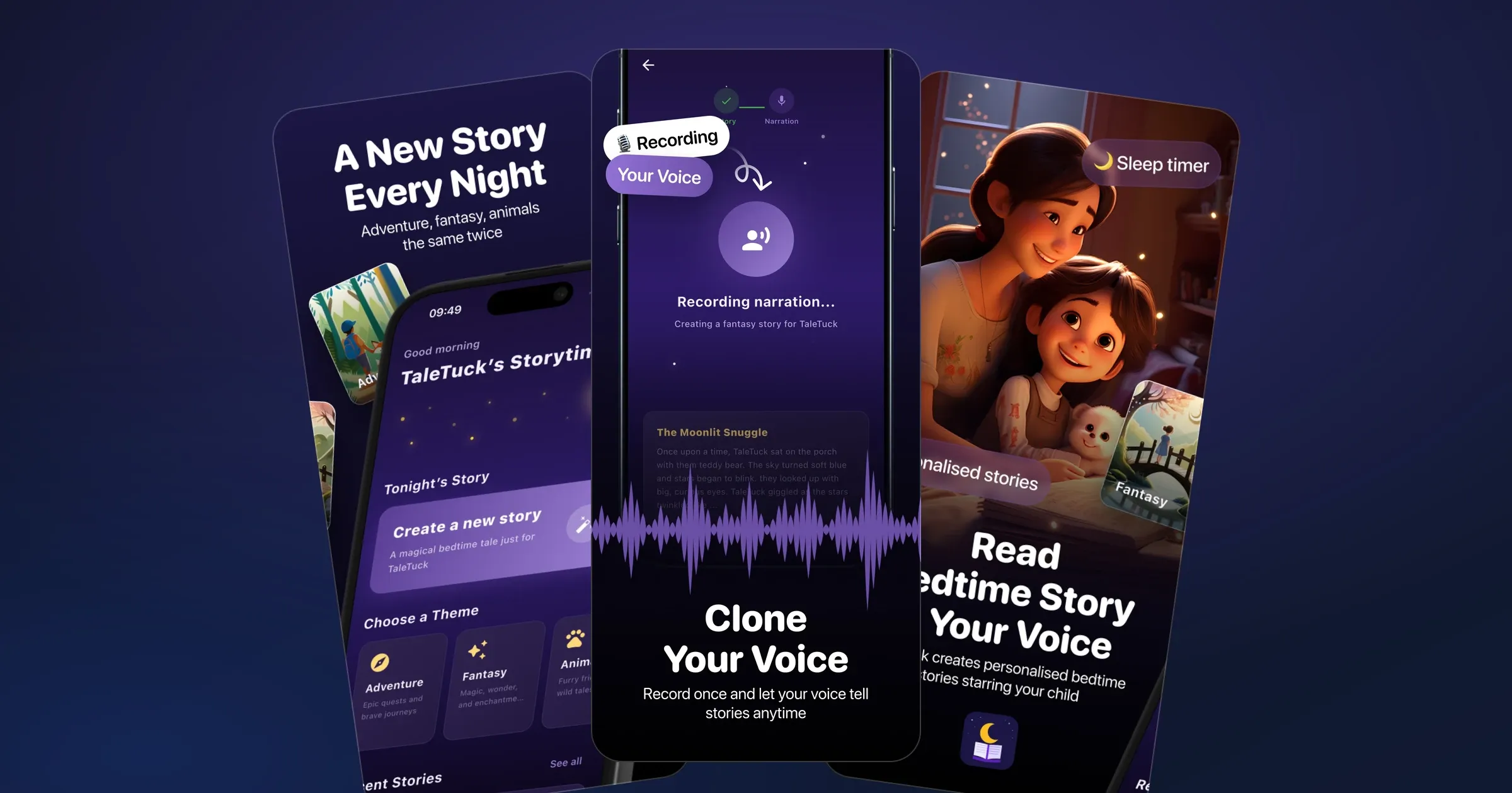 TaleTuck, AI bedtime story app screens